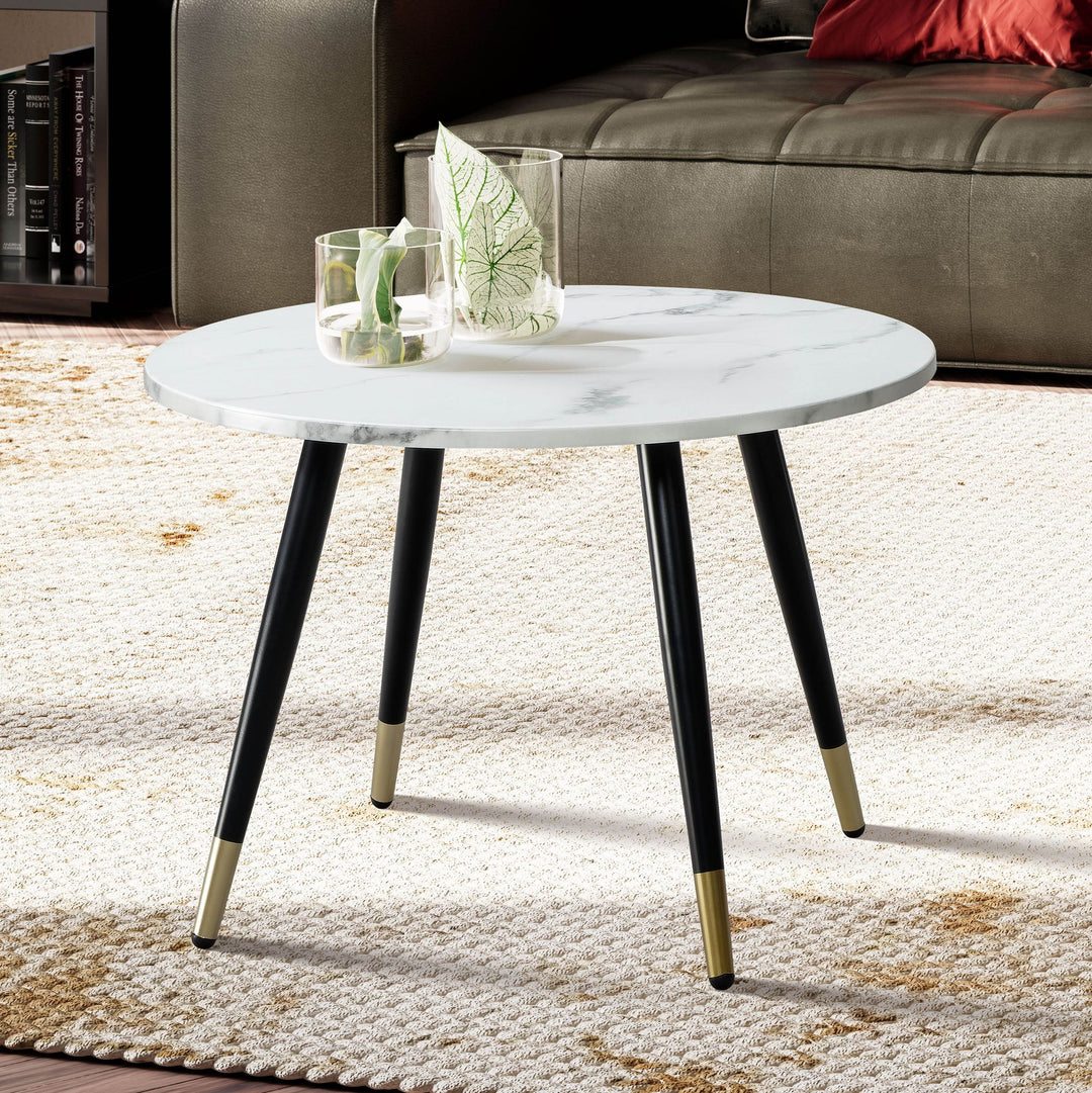 Rundt Sofabord 60 cm med Hvid Marmorlook – Moderne Designbord med Metalstel
