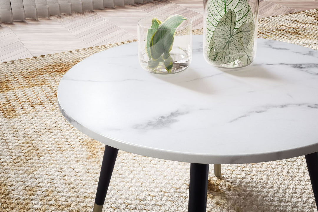 Rundt Sofabord 60 cm med Hvid Marmorlook – Moderne Designbord med Metalstel