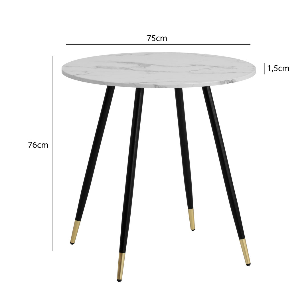 Spisebord 75x75x76 cm marmorlook hvidt spisebord moderne, køkkenbord med metalben, lille spisebord rundt spisebord