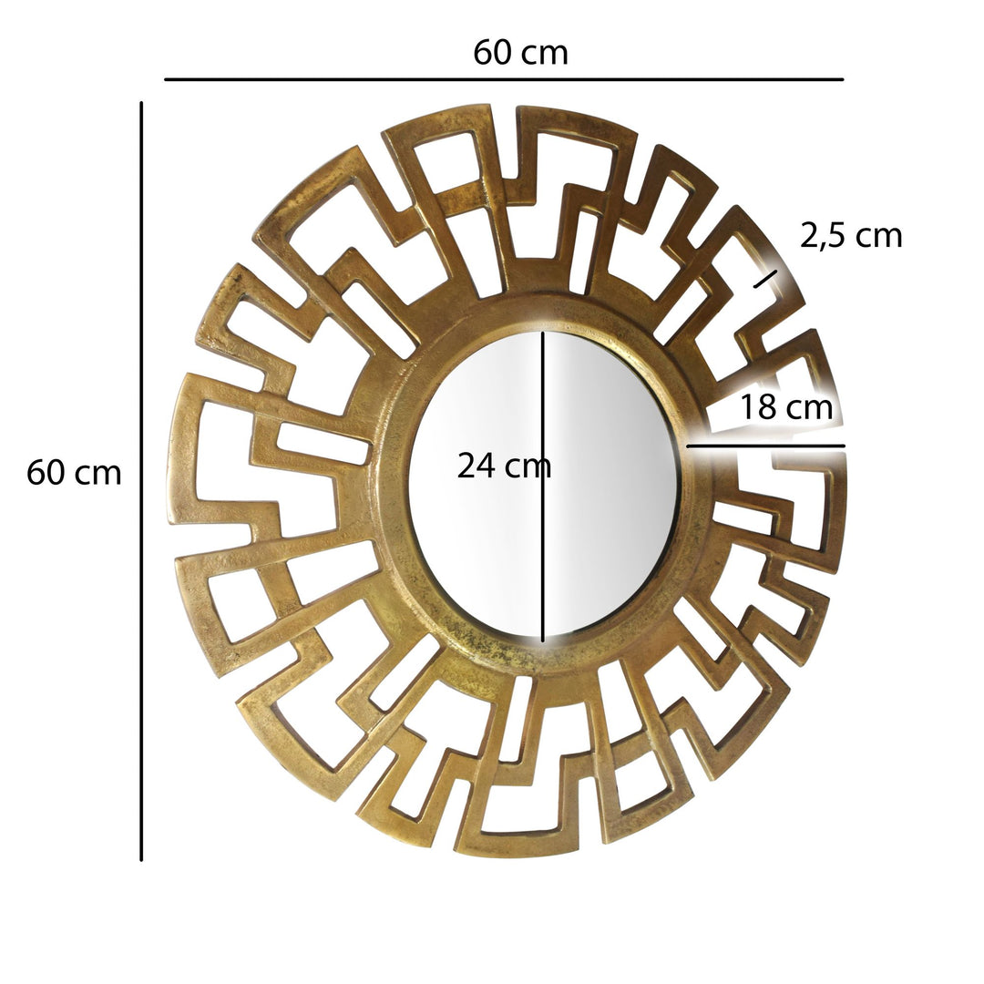 Rund vægspejl i art deco-stil, Diameter spejl: 24 cm, ramme guldfarvet