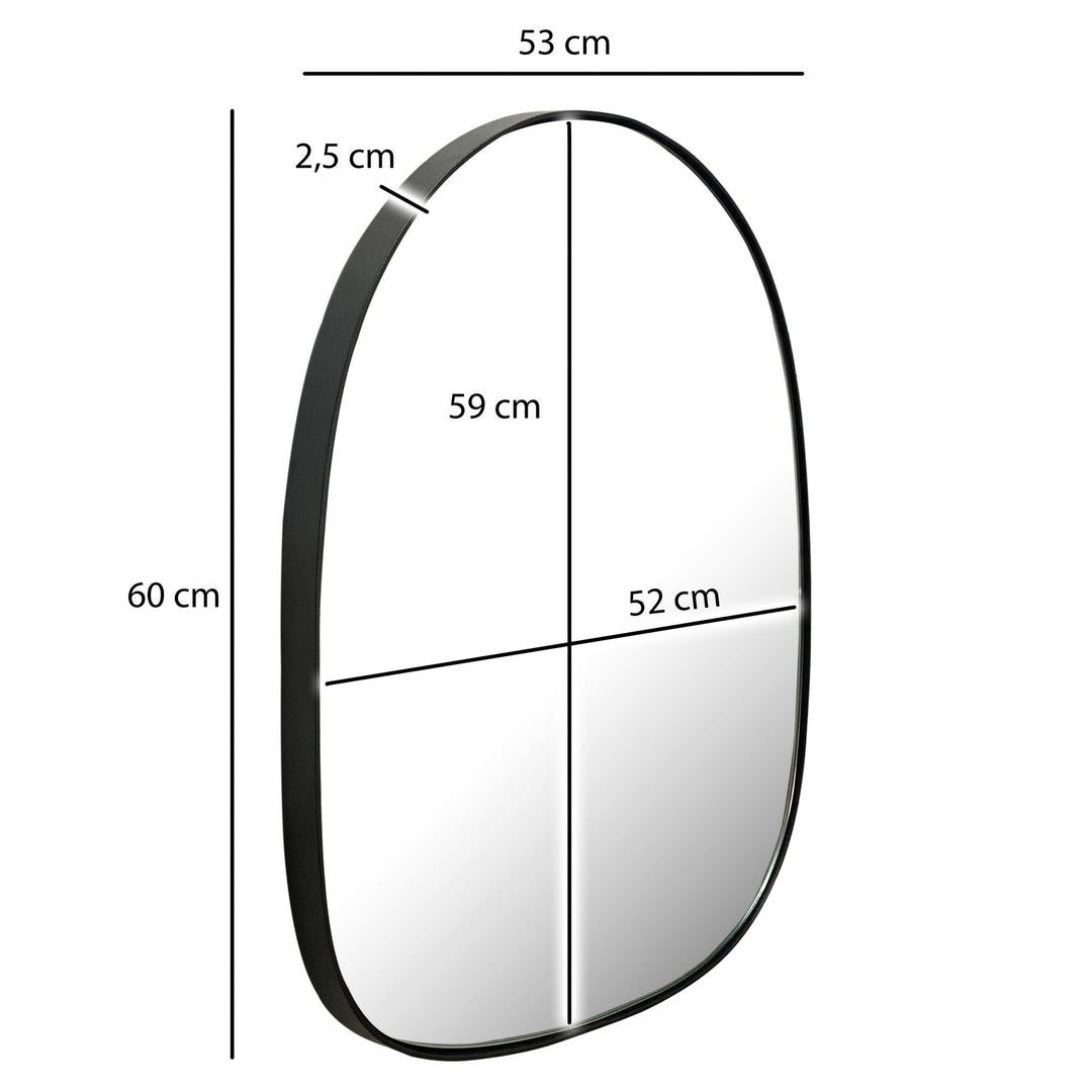 Utraditionelt vægspejl i asymmetrisk form, Bredde: 53 cm Højde: 60 cm Dybde: 2,5 cm, ramme sort