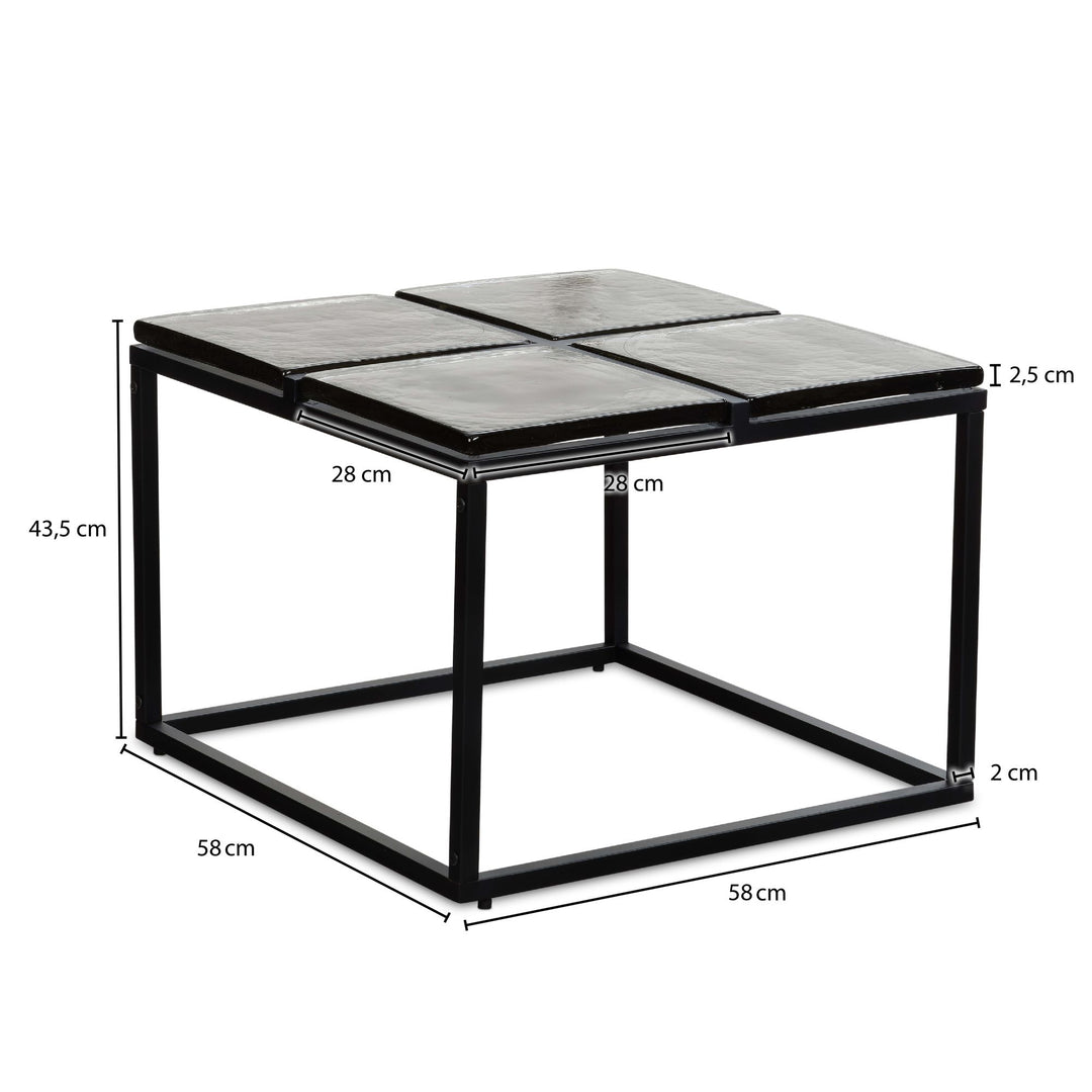 Elegant, firkantet sofabord i sort glas med mat sort metalstel, 58x58x43,5 cm