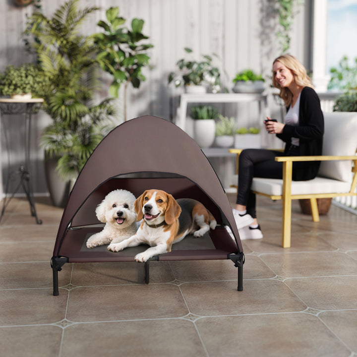 Udendørs hundeseng med tag, hævet hundeseng til store hunde, 91 x 76 x 90 cm, kaffe