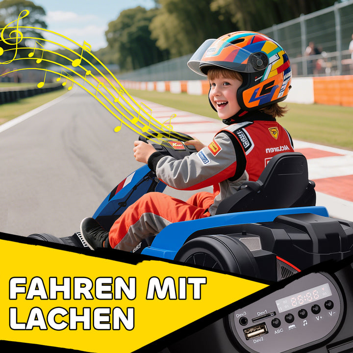 24V elektrisk gokart, drifttilstand, justerbart sæde, 5-punktssele, musikfunktion, 6-12 år, blå