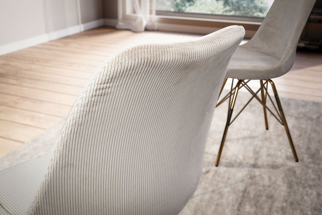 Spisestolssæt med 2, Cara stof beige, køkkenstol med guldben, fløjlsskalstol, skandinavisk design, polstret stol med stofbetræk, polstret stol