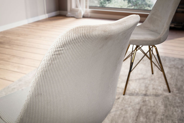 Spisestolssæt med 2, Cara stof beige, køkkenstol med guldben, fløjlsskalstol, skandinavisk design, polstret stol med stofbetræk, polstret stol