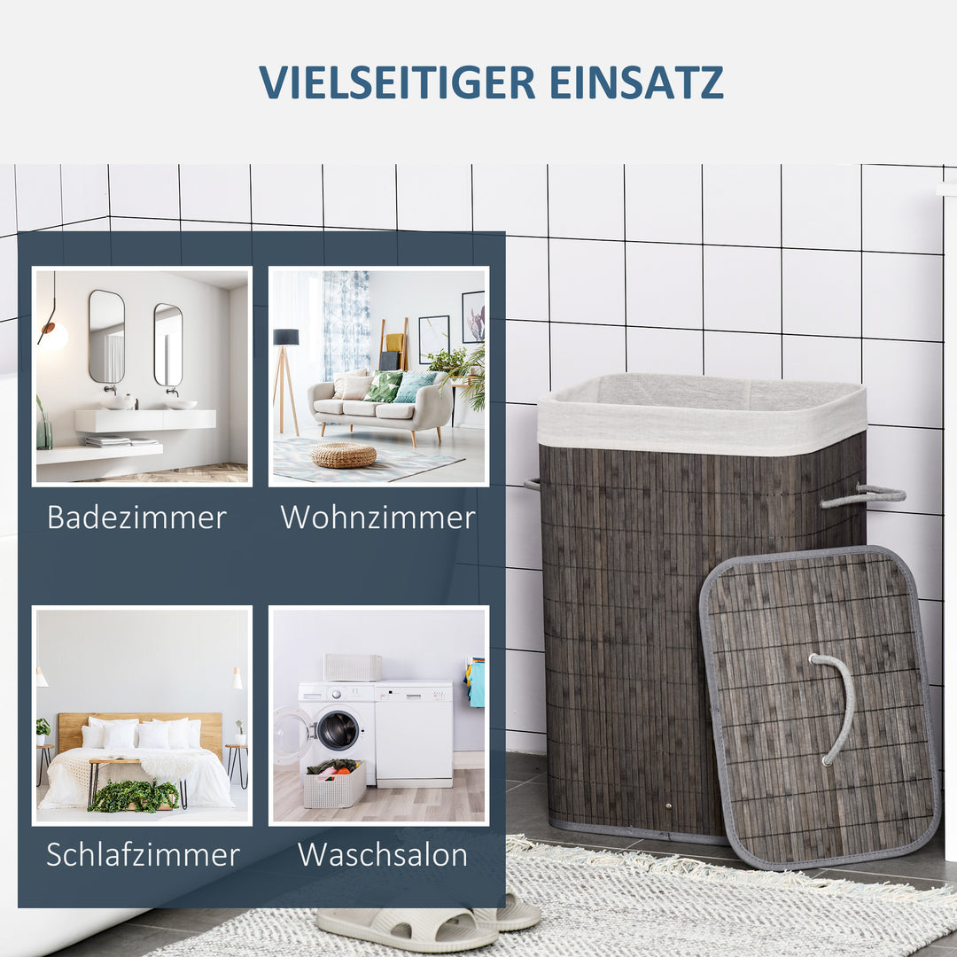 Vasketøjskurv med håndtag og vaskbar vasketøjspose, rattan, polyester, bomuld, metal, 43l x 32b x 61h cm, grå