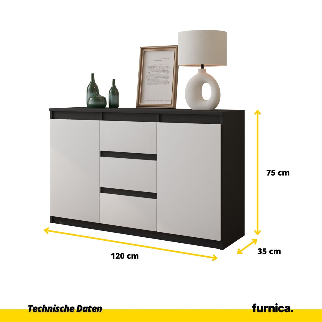 MIKEL - Kommode med 3 skuffer - antracit-grå / mat hvid H75cm B120cm D35cm