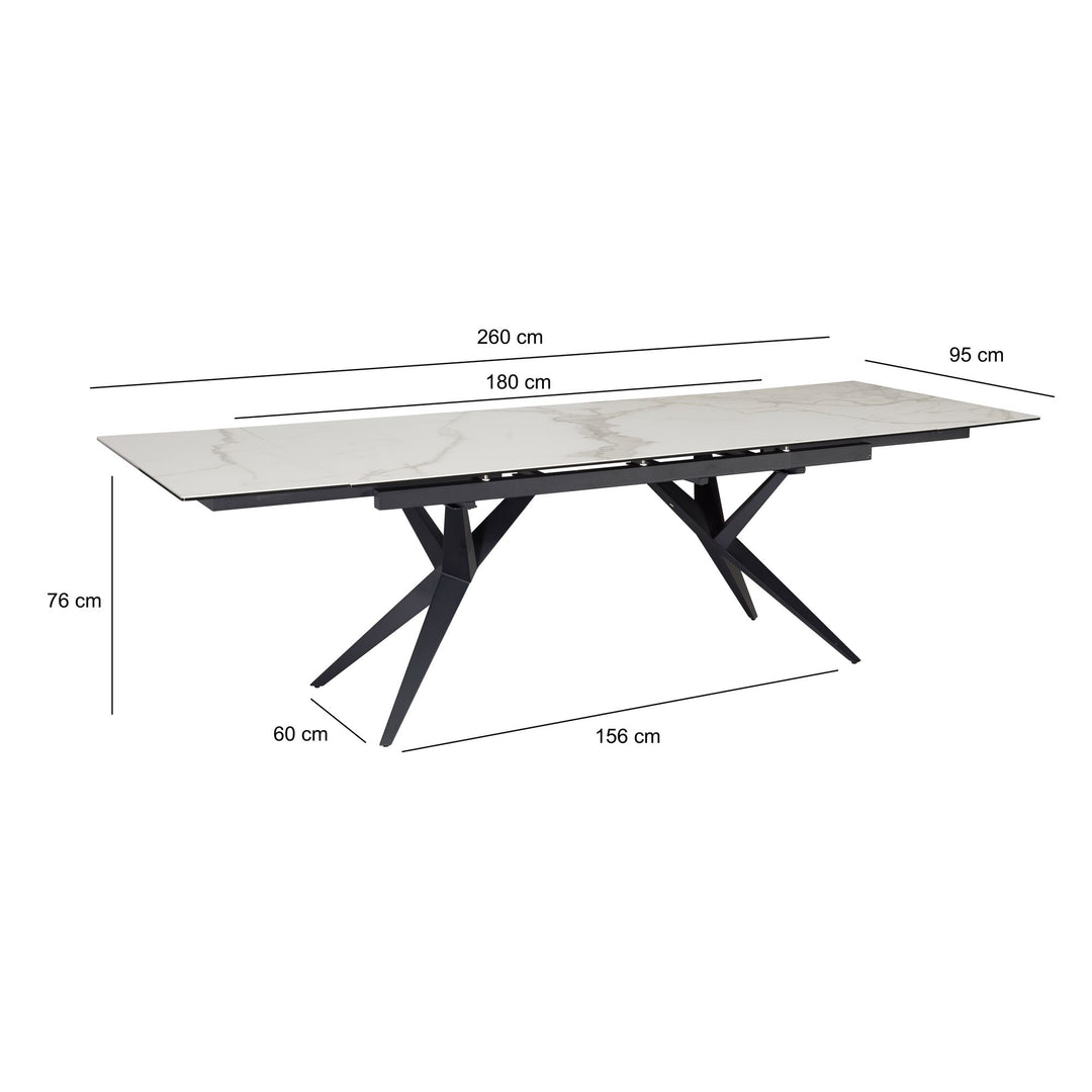 Udtrækkeligt spisebord 180-260 cm keramik glas hvid
