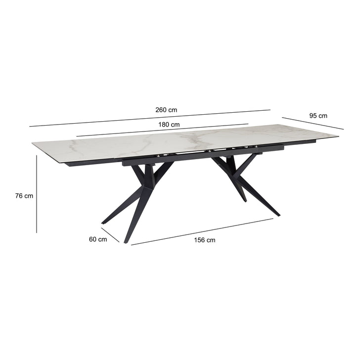 Udtrækkeligt spisebord 180-260 cm keramik glas hvid