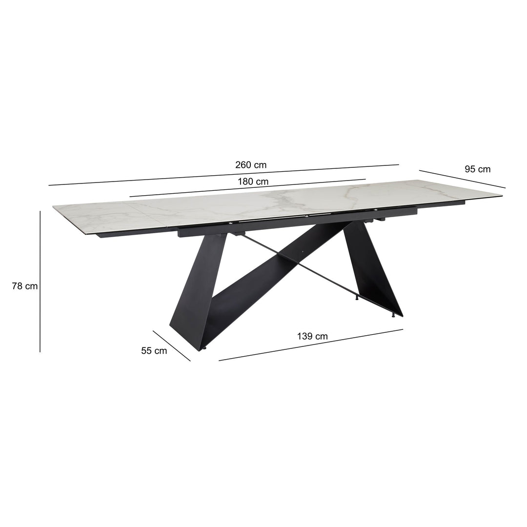Udtrækkeligt spisebord 180-260 cm keramik glas hvid