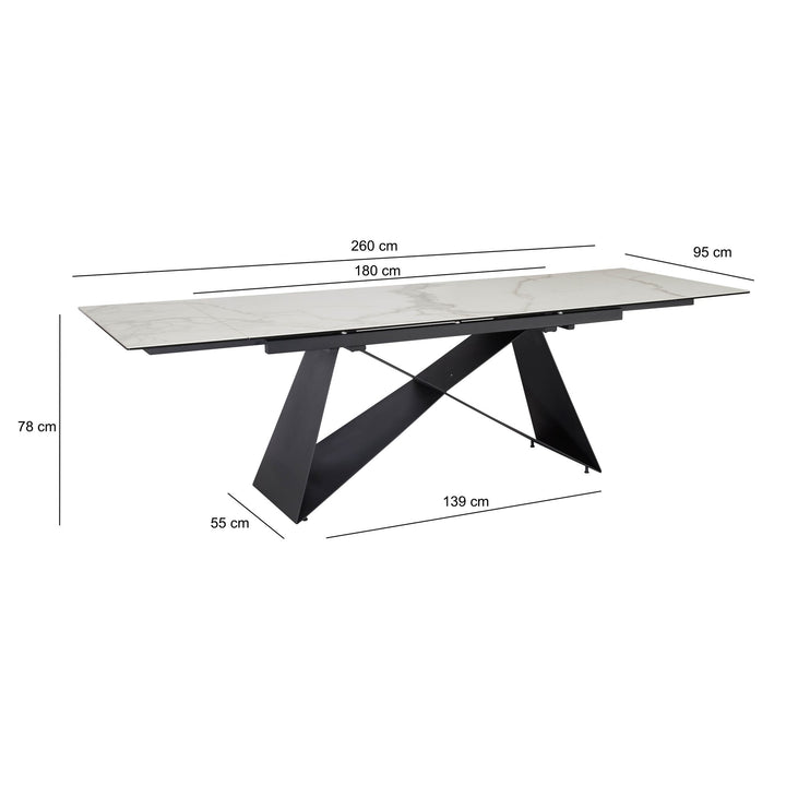 Udtrækkeligt spisebord 180-260 cm keramik glas hvid