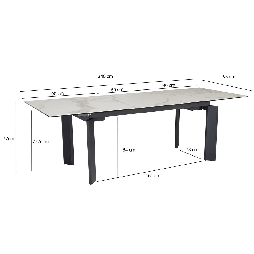 Spisebord 180x95x77 cm Glaskeramik spisebord hvid marmor-look