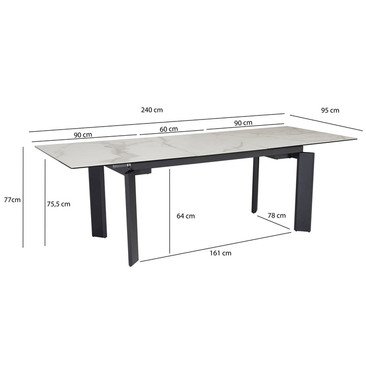 Spisebord 180x95x77 cm Glaskeramik spisebord hvid marmor-look