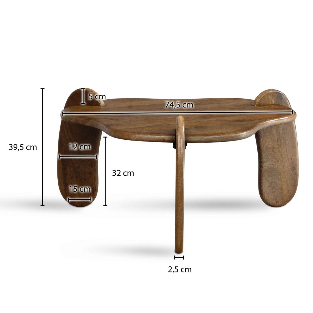 Sofabord 78x78x39,5 cm, massivt mangotræ, valnøddefinish, lavt sofabord, trebenet stuebord, organisk design, moderne sofabord med naturlig træåring