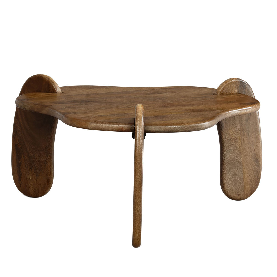 Sofabord 78x78x39,5 cm, massivt mangotræ, valnøddefinish, lavt sofabord, trebenet stuebord, organisk design, moderne sofabord med naturlig træåring