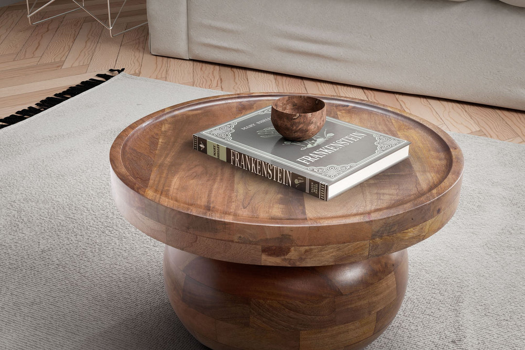 Sofabord 50x50x30,5 cm, massivt mangotræ, valnøddefinish, rundt sofabord, designer stuebord, lavt sofabord til stuen, moderne med naturlig træåring