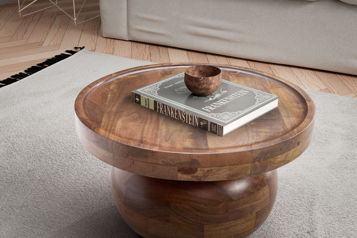 Sofabord 50x50x30,5 cm, massivt mangotræ, valnøddefinish, rundt sofabord, designer stuebord, lavt sofabord til stuen, moderne med naturlig træåring