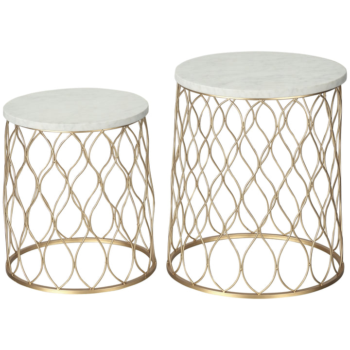 Sæt med 2 haveborde, sideborde, sofaborde, retro trådkurv, metalkurv, haveindskudsbord, havemøbler, udendørs, balkon, stål, guld + hvid, 41 x 46 cm