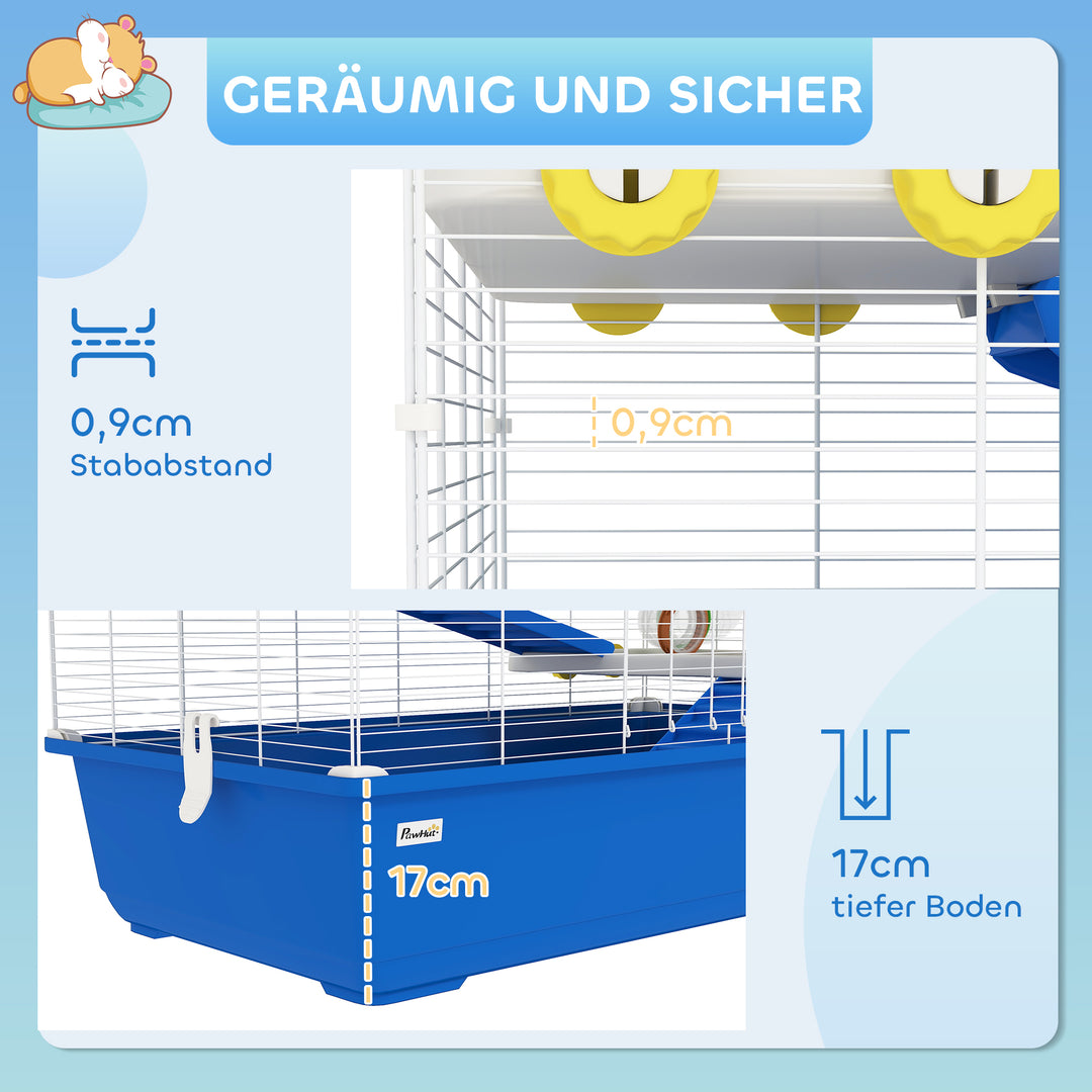 Hamsterbur med 4 niveauer, bur til små dyr med tunnelsystem, hytte, træningshjul, til dværghamstere, 78 x 45 x 73 cm, blå