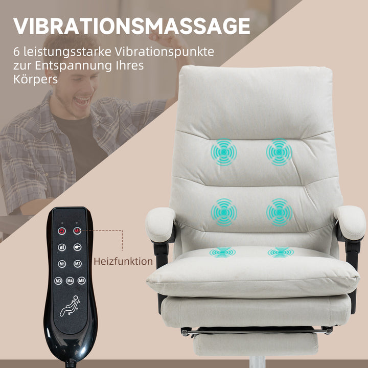 Kontorstol med massagefunktion, opvarmet, vipbar, kunstlæder, 65x72x109-117cm, cremehvid