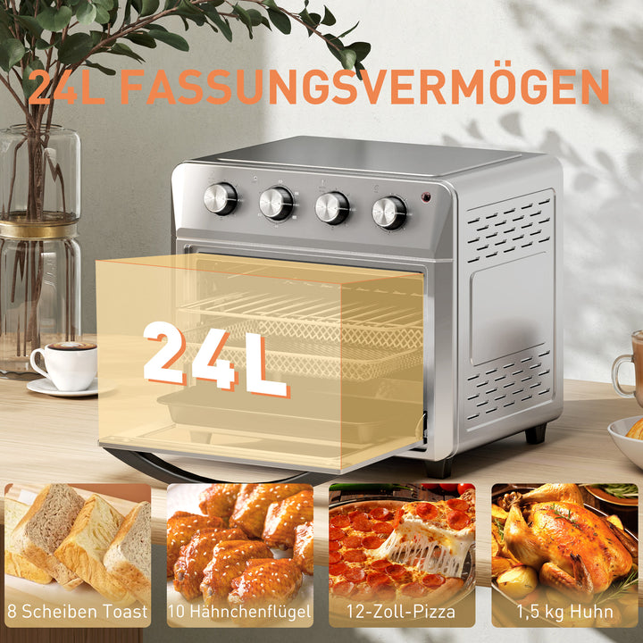 Miniovn med varmluft, airfryer, 6 varmefunktioner, timer, tilbehør, 24L, sølv