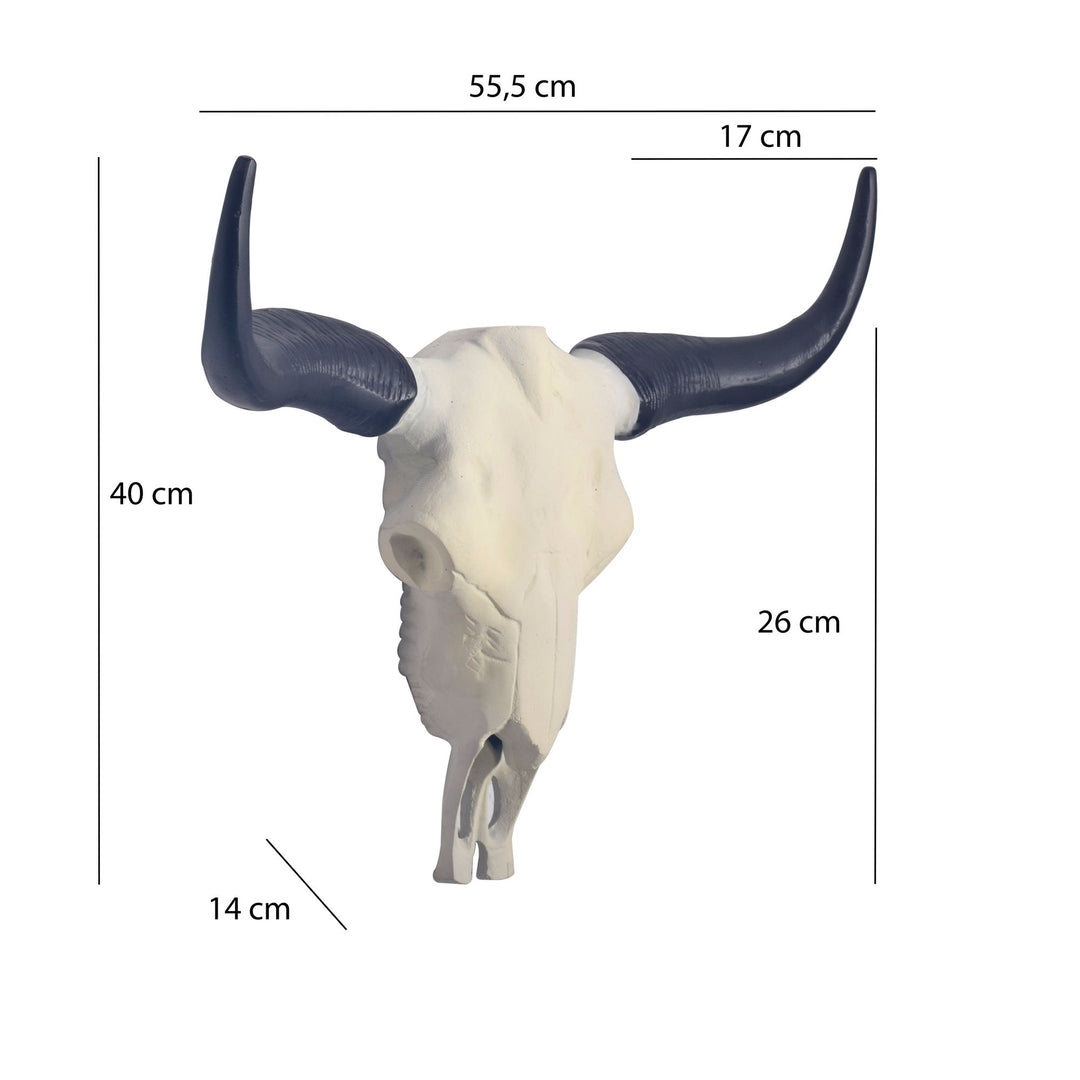 Dekorativt bøffelkraniegevir, hvidt, 55,5 cm, aluminiumsdesign, tyrehoved, moderne hornvægdekoration, vægskulptur med horn, metaljagttrofægevir, stor vægdekoration