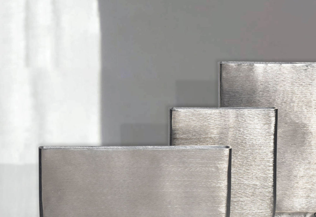 Dekorativ vase sæt med 3, aluminium sølv, moderne blomstervaser, firkantede dekorative vaser, 3-delt sæt til blomster, aluminiums bordvaser, boligindretning, metal borddekoration, håndlavet