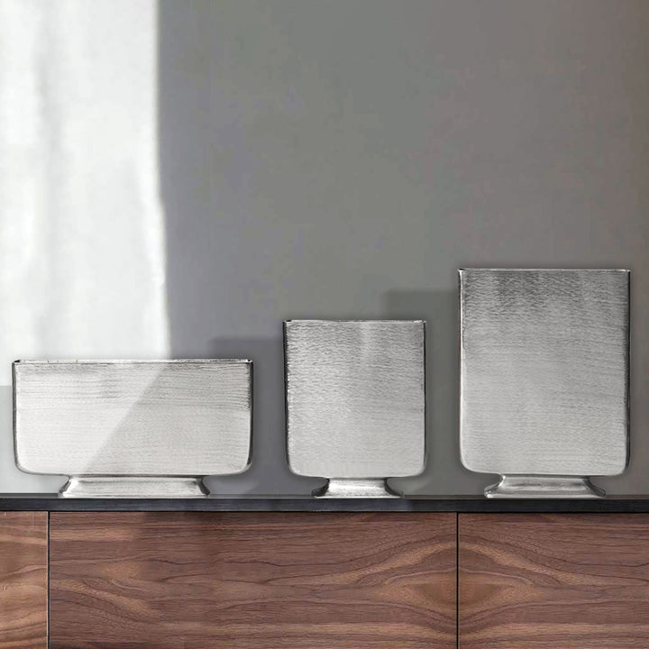 Dekorativ vase sæt med 3, aluminium sølv, moderne blomstervaser, firkantede dekorative vaser, 3-delt sæt til blomster, aluminiums bordvaser, boligindretning, metal borddekoration, håndlavet