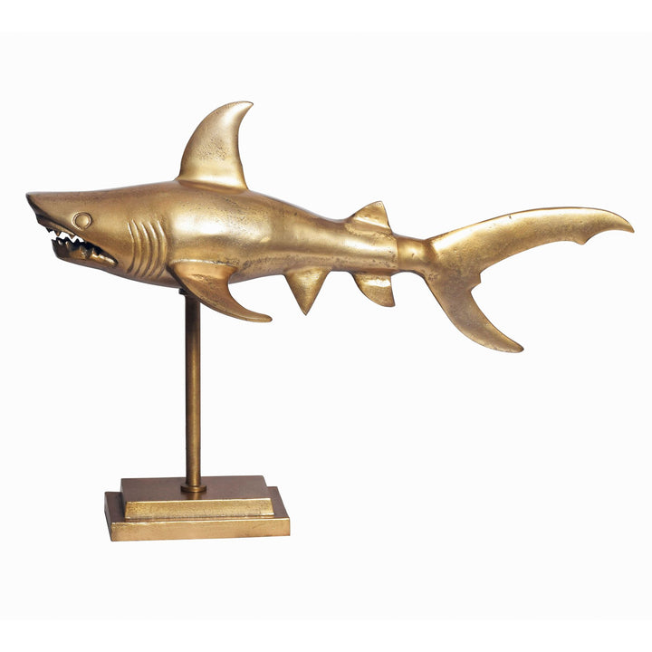 Dekorativ hajfigur, aluminium, guld, nautisk stil, 70 cm med base, moderne metaldesign, borddekoration, boligindretning, aluminiumsdekoration, boligtilbehør