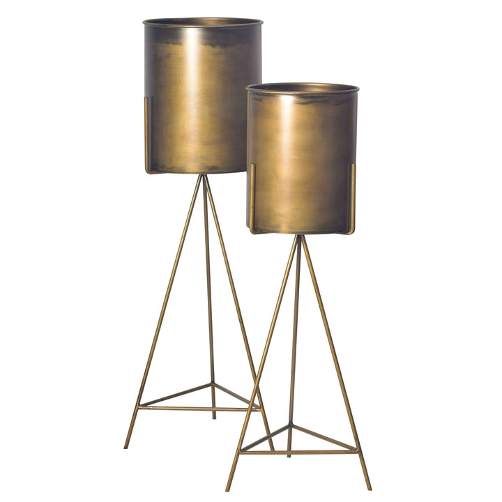 Sæt med 2 metalblomsterpotter, guldfarvede plantekasser med stativ, designerjernplantekasser, runde, høje indendørs blomsterpotter