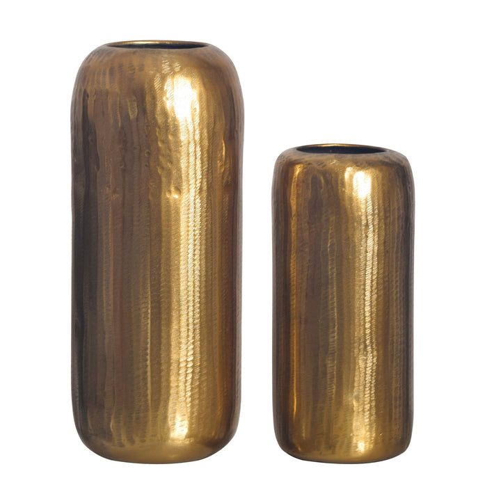Dekorativ vase sæt med 2, aluminium guld cylinder blomstervaser, moderne, runde dekorative vaser, 2-delt sæt til blomster, aluminium bordvase, boligindretning, metal borddekoration, håndlavet