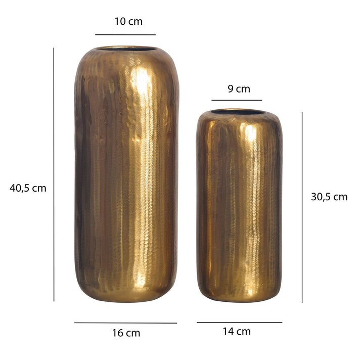 Dekorativ vase sæt med 2, aluminium guld cylinder blomstervaser, moderne, runde dekorative vaser, 2-delt sæt til blomster, aluminium bordvase, boligindretning, metal borddekoration, håndlavet
