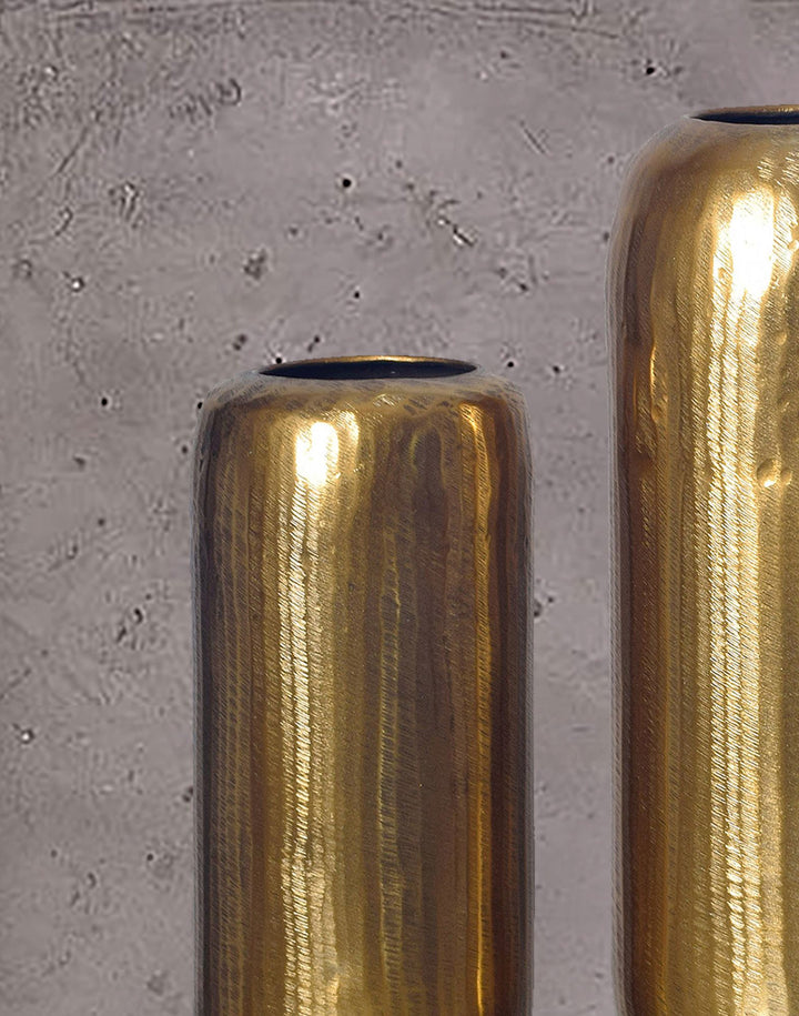 Dekorativ vase sæt med 2, aluminium guld cylinder blomstervaser, moderne, runde dekorative vaser, 2-delt sæt til blomster, aluminium bordvase, boligindretning, metal borddekoration, håndlavet