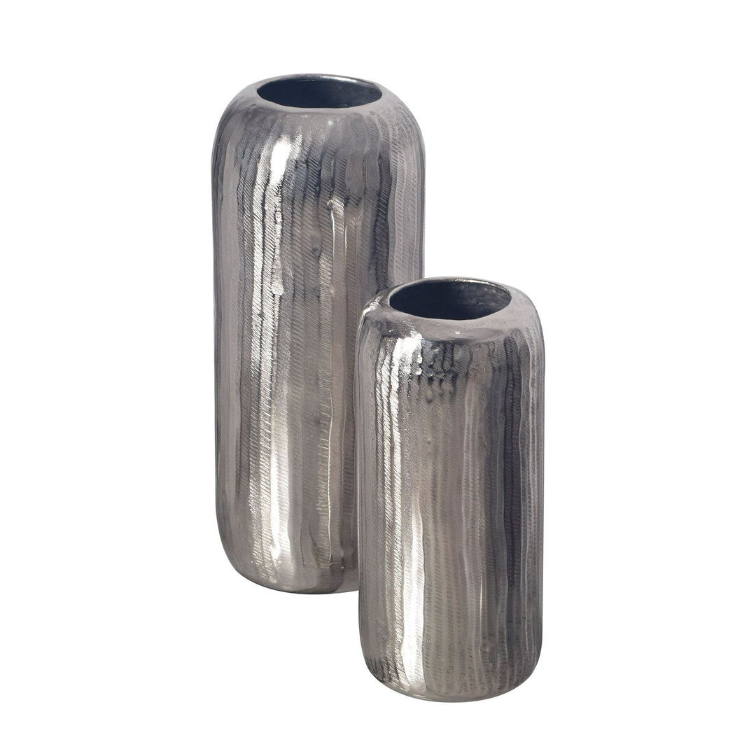 Dekorativ vase sæt med 2, aluminium sølv cylinder blomstervaser, moderne, runde dekorative vaser, 2-delt sæt til blomster, aluminium bordvase, boligindretning, metal borddekoration, håndlavet