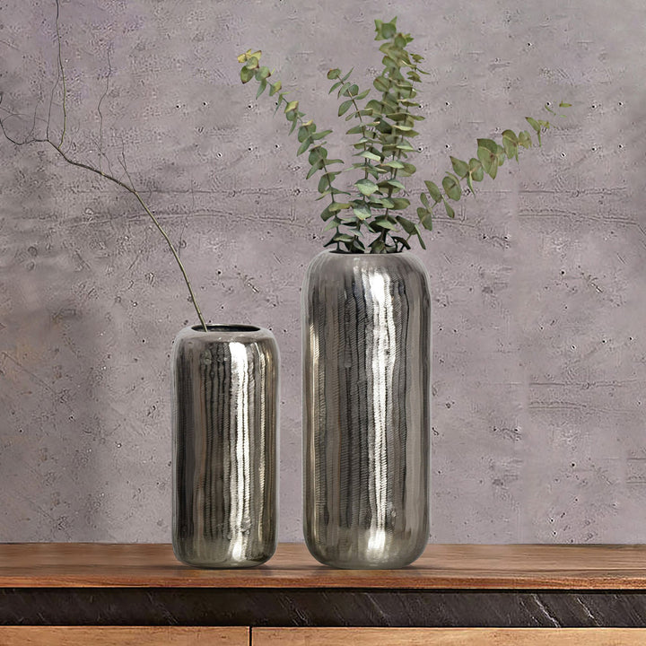 Dekorativ vase sæt med 2, aluminium sølv cylinder blomstervaser, moderne, runde dekorative vaser, 2-delt sæt til blomster, aluminium bordvase, boligindretning, metal borddekoration, håndlavet