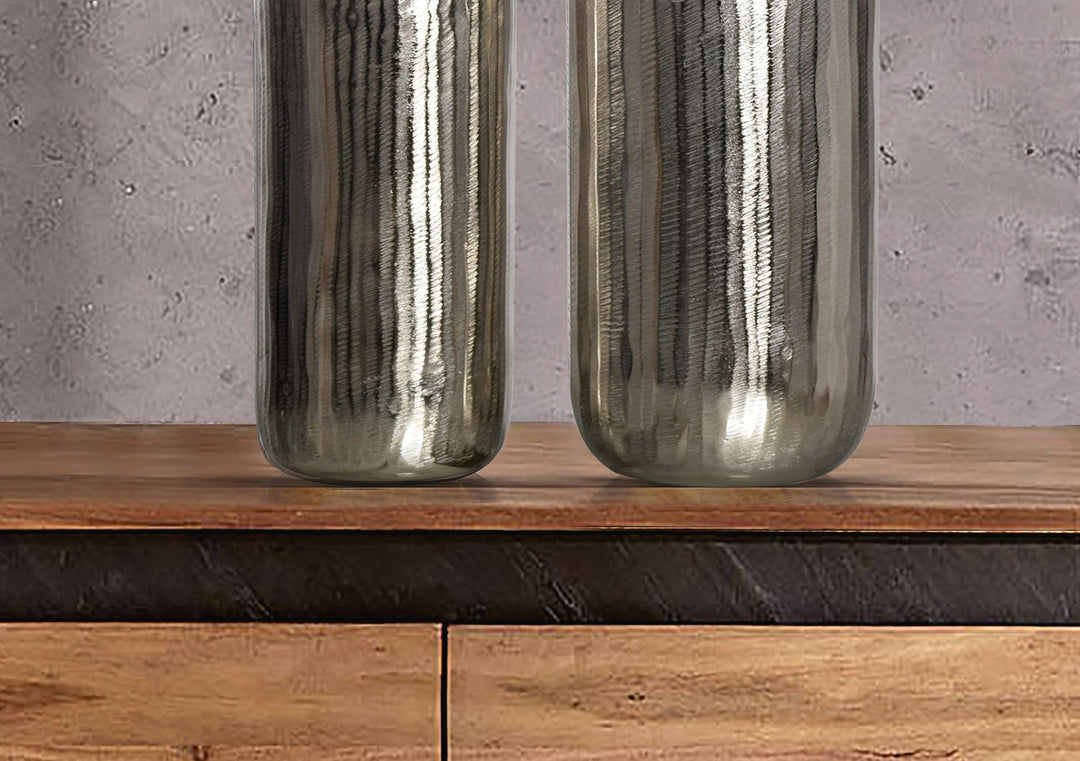 Dekorativ vase sæt med 2, aluminium sølv cylinder blomstervaser, moderne, runde dekorative vaser, 2-delt sæt til blomster, aluminium bordvase, boligindretning, metal borddekoration, håndlavet