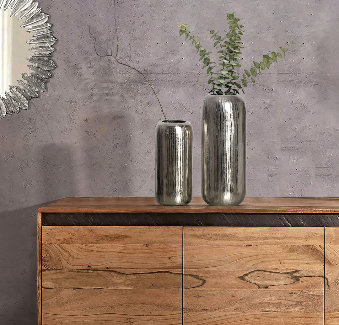 Dekorativ vase sæt med 2, aluminium sølv cylinder blomstervaser, moderne, runde dekorative vaser, 2-delt sæt til blomster, aluminium bordvase, boligindretning, metal borddekoration, håndlavet