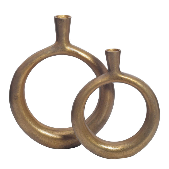 Dekorativ vase sæt med 2, aluminium guld donut blomstervaser, moderne, runde dekorative vaser, 2-delt sæt til blomster, aluminium bordvase, boligindretning, borddekoration, håndlavet