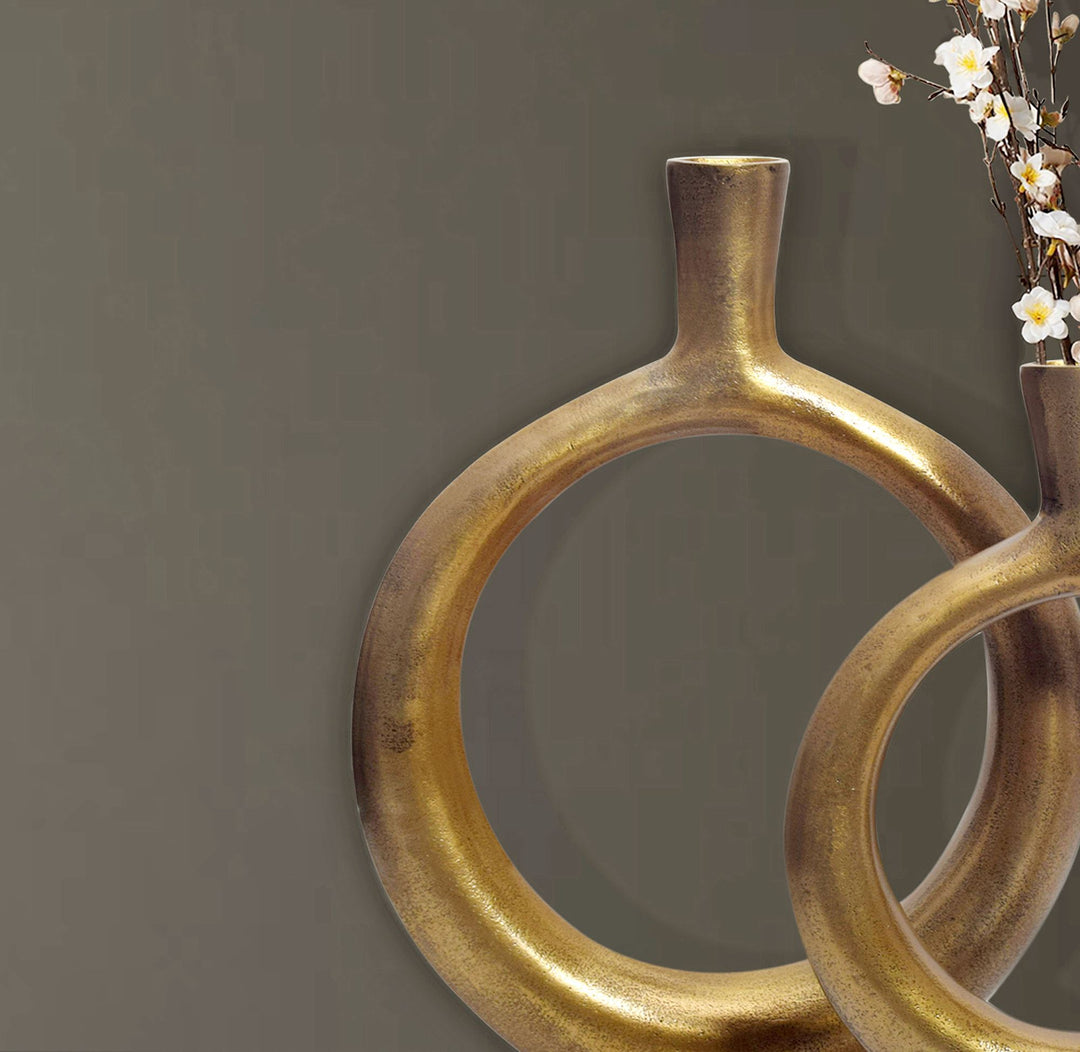 Dekorativ vase sæt med 2, aluminium guld donut blomstervaser, moderne, runde dekorative vaser, 2-delt sæt til blomster, aluminium bordvase, boligindretning, borddekoration, håndlavet