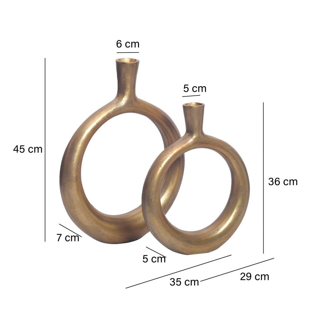 Dekorativ vase sæt med 2, aluminium guld donut blomstervaser, moderne, runde dekorative vaser, 2-delt sæt til blomster, aluminium bordvase, boligindretning, borddekoration, håndlavet
