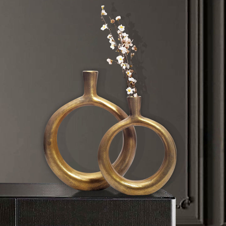 Dekorativ vase sæt med 2, aluminium guld donut blomstervaser, moderne, runde dekorative vaser, 2-delt sæt til blomster, aluminium bordvase, boligindretning, borddekoration, håndlavet