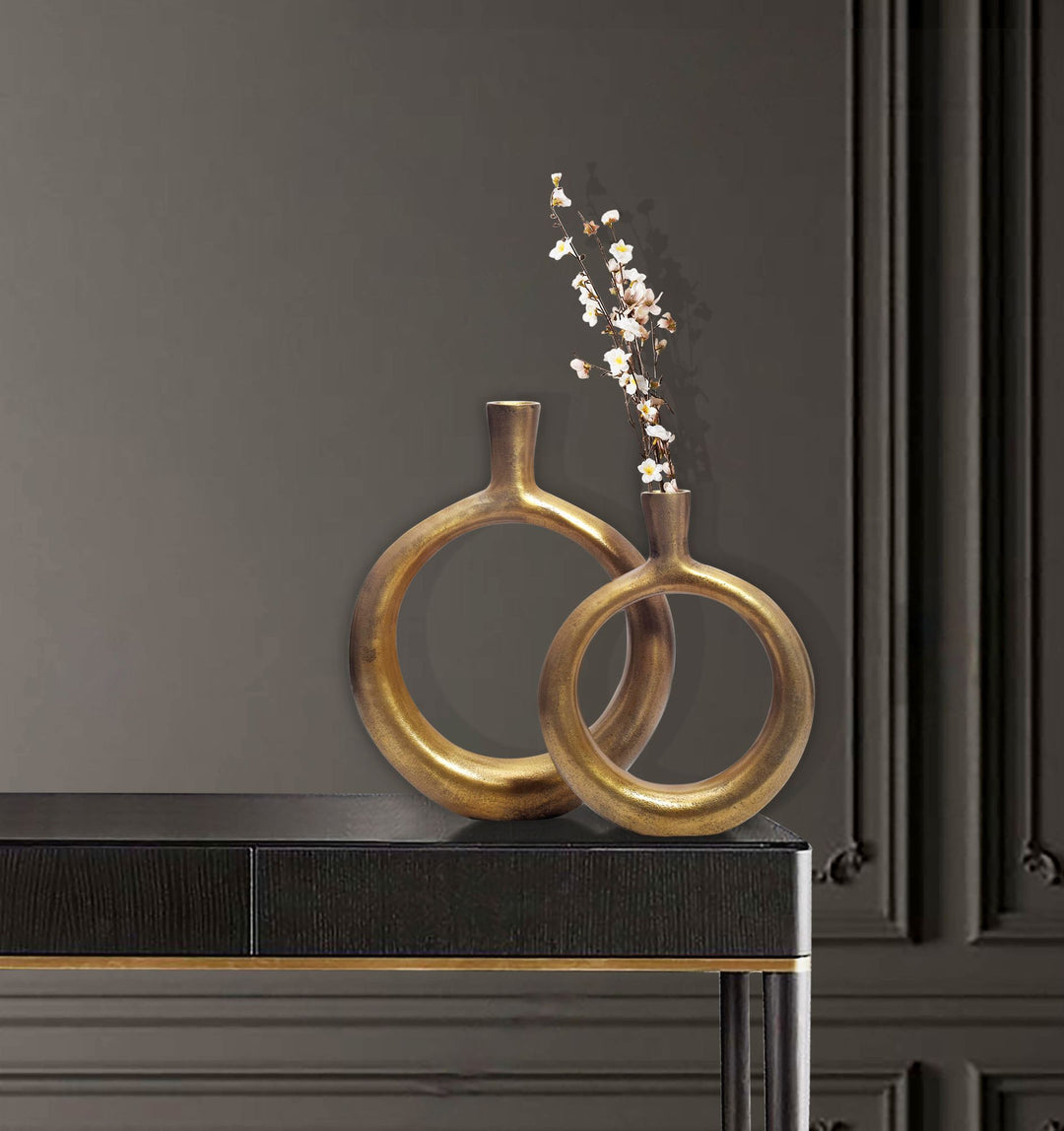 Dekorativ vase sæt med 2, aluminium guld donut blomstervaser, moderne, runde dekorative vaser, 2-delt sæt til blomster, aluminium bordvase, boligindretning, borddekoration, håndlavet