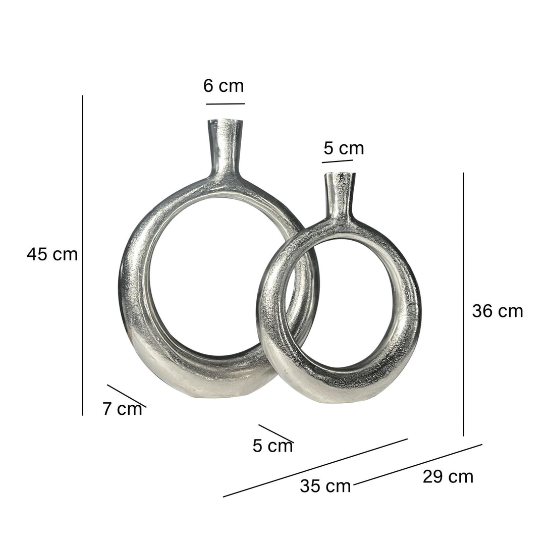 Dekorativ vase sæt med 2, aluminium sølv donut blomstervaser, moderne, runde dekorative vaser, 2-delt sæt til blomster, aluminium bordvase, boligindretning, borddekoration, håndlavet