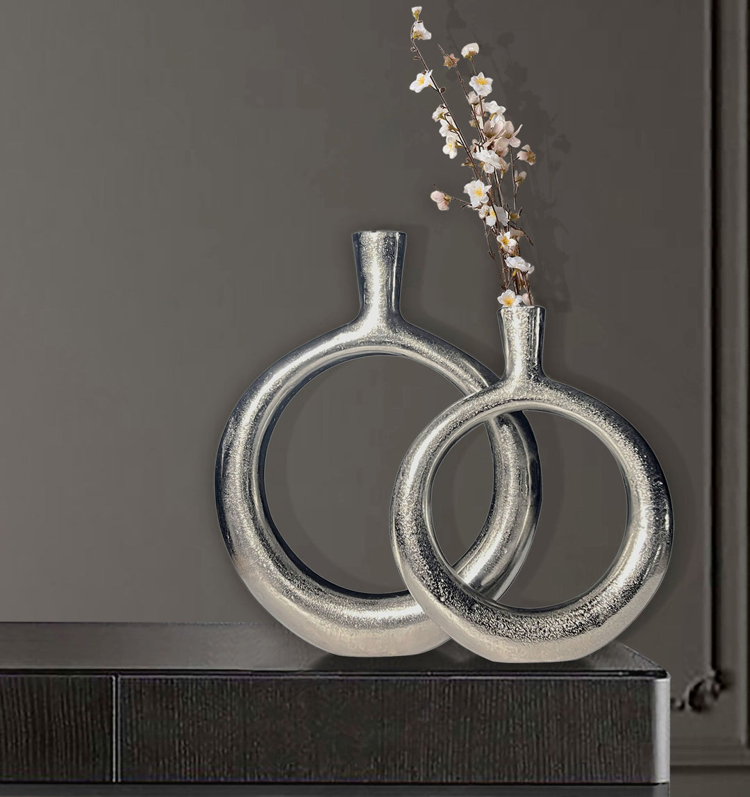 Dekorativ vase sæt med 2, aluminium sølv donut blomstervaser, moderne, runde dekorative vaser, 2-delt sæt til blomster, aluminium bordvase, boligindretning, borddekoration, håndlavet