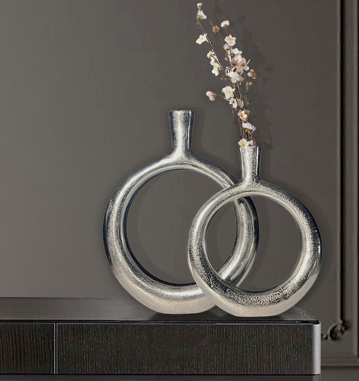 Dekorativ vase sæt med 2, aluminium sølv donut blomstervaser, moderne, runde dekorative vaser, 2-delt sæt til blomster, aluminium bordvase, boligindretning, borddekoration, håndlavet