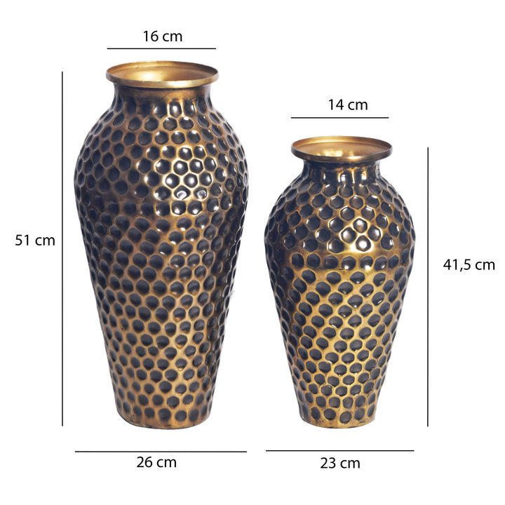 Dekorativ vase sæt med 2, aluminium guld amfora blomstervaser, moderne, runde dekorative vaser, 2-delt sæt til blomster, aluminium bordvase, boligindretning, metal borddekoration, håndlavet