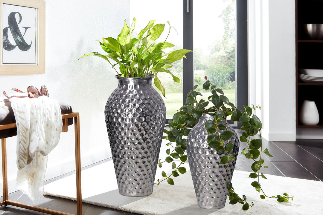 Dekorativ vase sæt med 2, aluminium sølv amfora blomstervaser, moderne, runde dekorative vaser, 2-delt sæt til blomster, aluminium bordvase, boligindretning, metal borddekoration, håndlavet