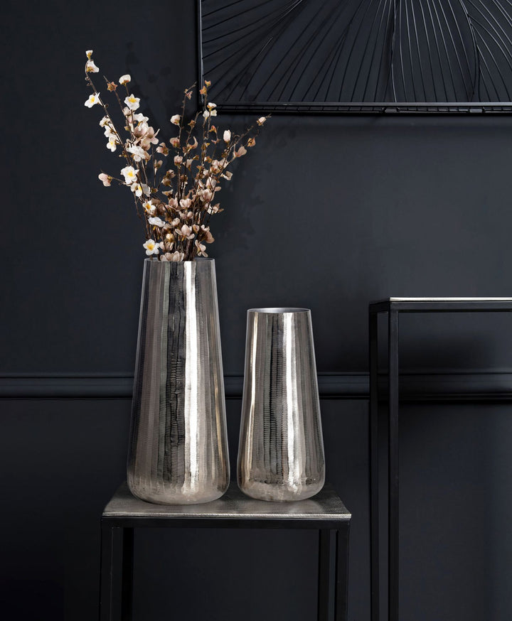 Dekorativt vasesæt med 2, aluminium, sølv, rund, moderne blomstervaser, dekorativt vasesæt med 2 dele til blomster, bordvase i aluminium, boligindretning, metalborddekoration, håndlavet