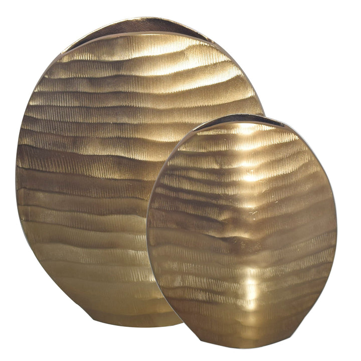 Dekorativ vase sæt med 2, aluminium guld, bølgemønster, moderne, rund dekorativ vase, 2-delt sæt til blomster, aluminiums bordvase, boligindretning, metal borddekoration, håndlavet